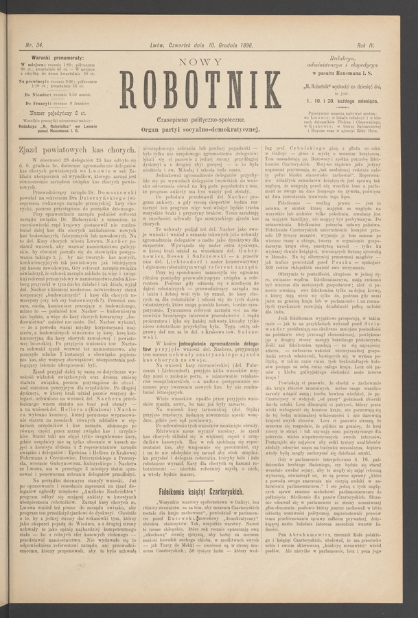 Nowy Robotnik : czasopismo polityczno-społeczne : organ partyi socyalno-demokratycznej. Rok 4, 1896, numer 34