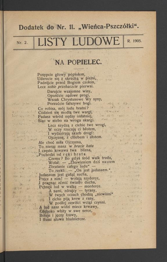 Listy Ludowe : dodatek do numeru 11 „Wieńca-Pszczółki”. 1905, numer 2