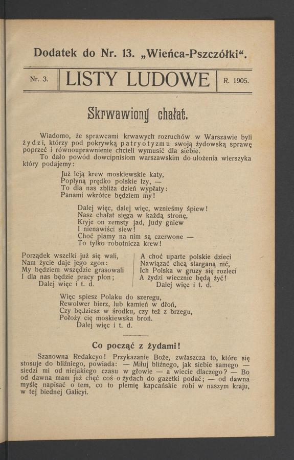 Listy Ludowe : dodatek do numeru 13 „Wieńca-Pszczółki”. 1905, numer 3