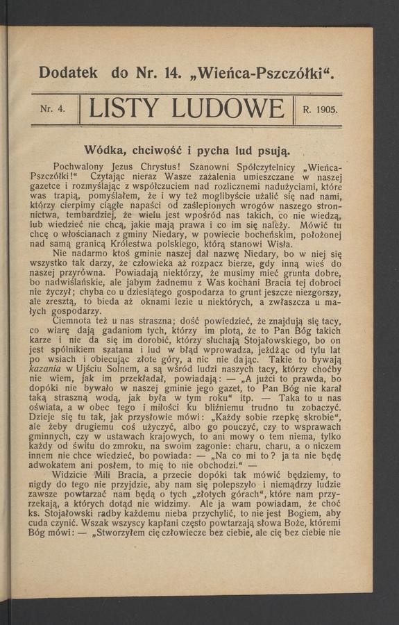 Listy Ludowe : dodatek do numeru 14 „Wieńca-Pszczółki”. 1905, numer 4