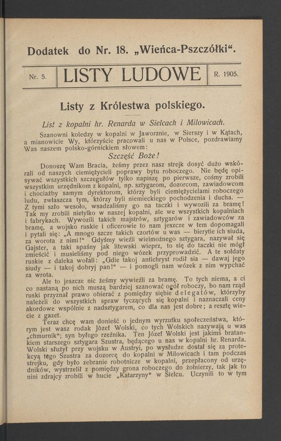 Listy Ludowe : dodatek do numeru 18 „Wieńca-Pszczółki”. 1905, numer 5