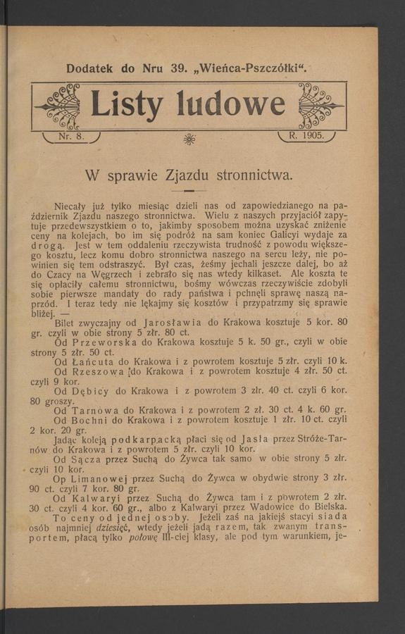 Listy Ludowe : dodatek do numeru 39 „Wieńca-Pszczółki”. 1905, numer 8
