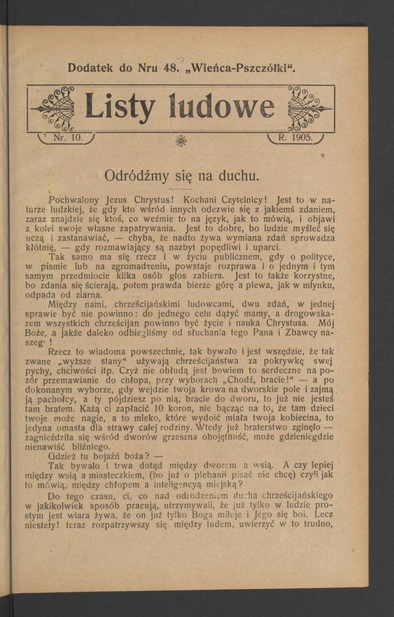 Listy Ludowe : dodatek do numeru 48 „Wieńca-Pszczółki”. 1905, numer 10
