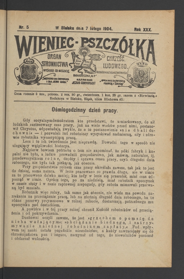 Wieniec-Pszczółka : organ Stronnictwa Chrześcijańsko-Ludowego. Rok 30, 1904, numer 5