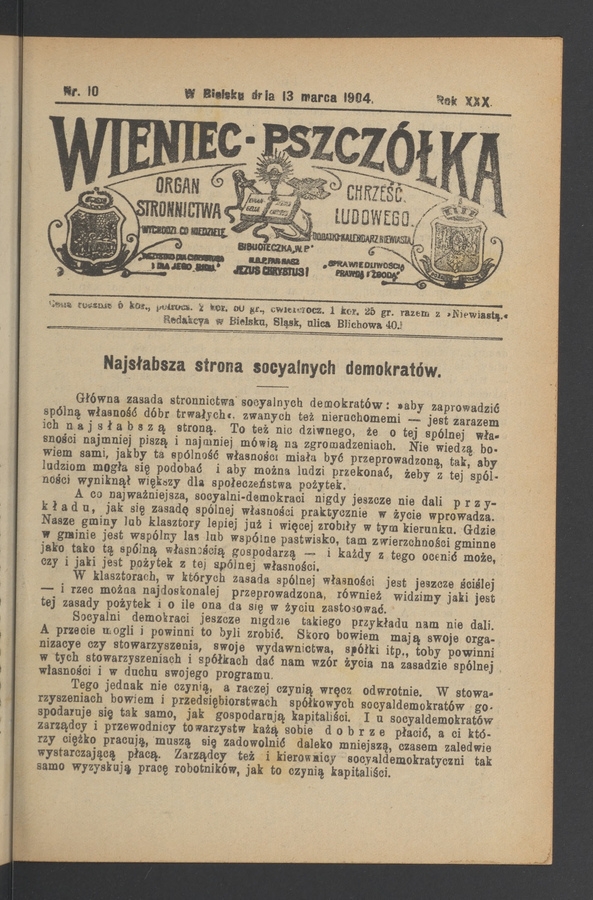 Wieniec-Pszczółka : organ Stronnictwa Chrześcijańsko-Ludowego. Rok 30, 1904, numer 10