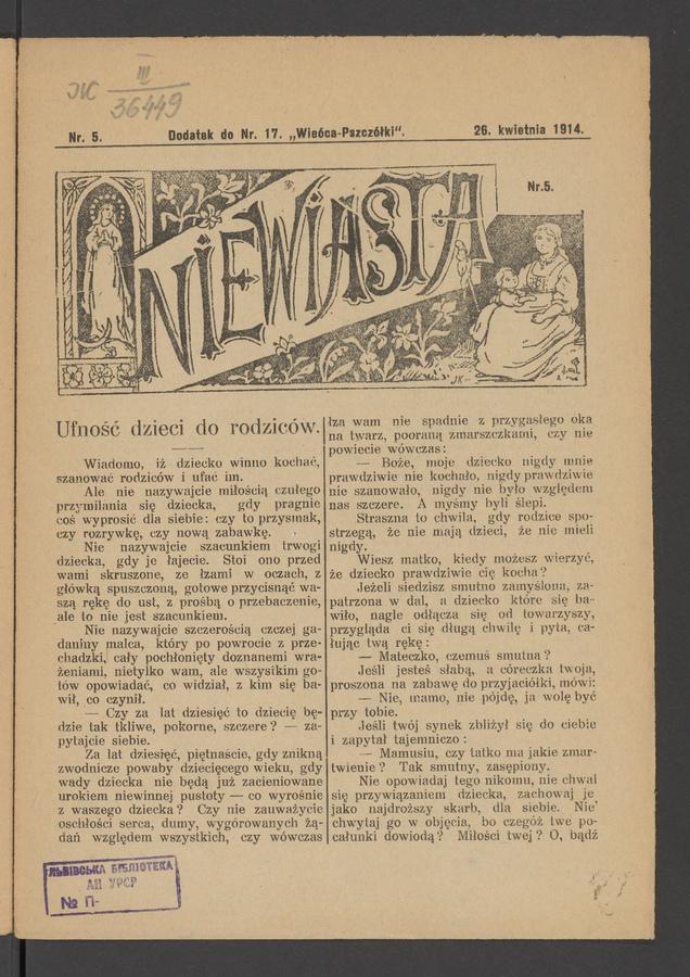 Niewiasta : dodatek do numeru 17 „Wieńca-Pszczółki”. Rok 14, 1914, numer 5