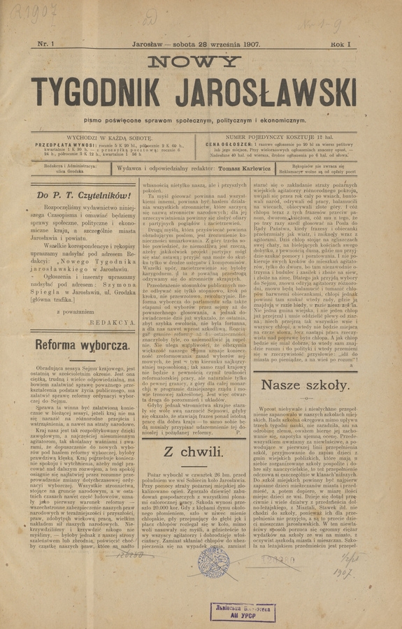 Nowy Tygodnik Jarosławski : pismo poświęcone sprawom społecznym, politycznym i ekonomicznym. Rok 1, 1907, numer 1