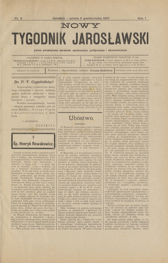 Nowy Tygodnik Jarosławski : pismo poświęcone sprawom społecznym, politycznym i ekonomicznym. Rok 1, 1907, numer 2