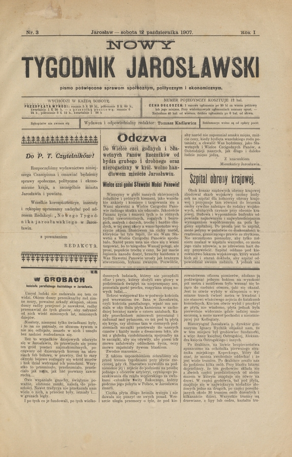 Nowy Tygodnik Jarosławski : pismo poświęcone sprawom społecznym, politycznym i ekonomicznym. Rok 1, 1907, numer 3