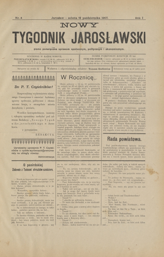 Nowy Tygodnik Jarosławski : pismo poświęcone sprawom społecznym, politycznym i ekonomicznym. Rok 1, 1907, numer 4