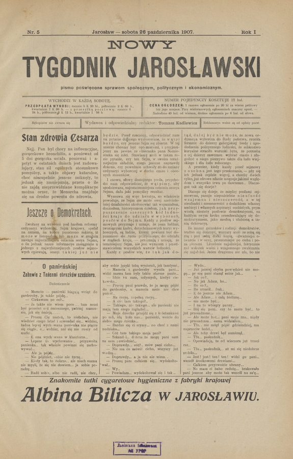 Nowy Tygodnik Jarosławski : pismo poświęcone sprawom społecznym, politycznym i ekonomicznym. Rok 1, 1907, numer 5