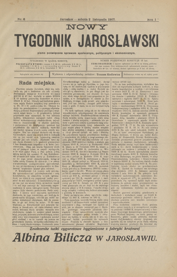 Nowy Tygodnik Jarosławski : pismo poświęcone sprawom społecznym, politycznym i ekonomicznym. Rok 1, 1907, numer 6