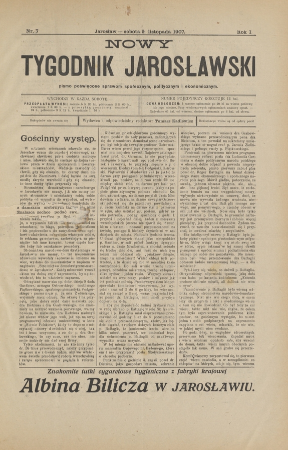 Nowy Tygodnik Jarosławski : pismo poświęcone sprawom społecznym, politycznym i ekonomicznym. Rok 1, 1907, numer 7