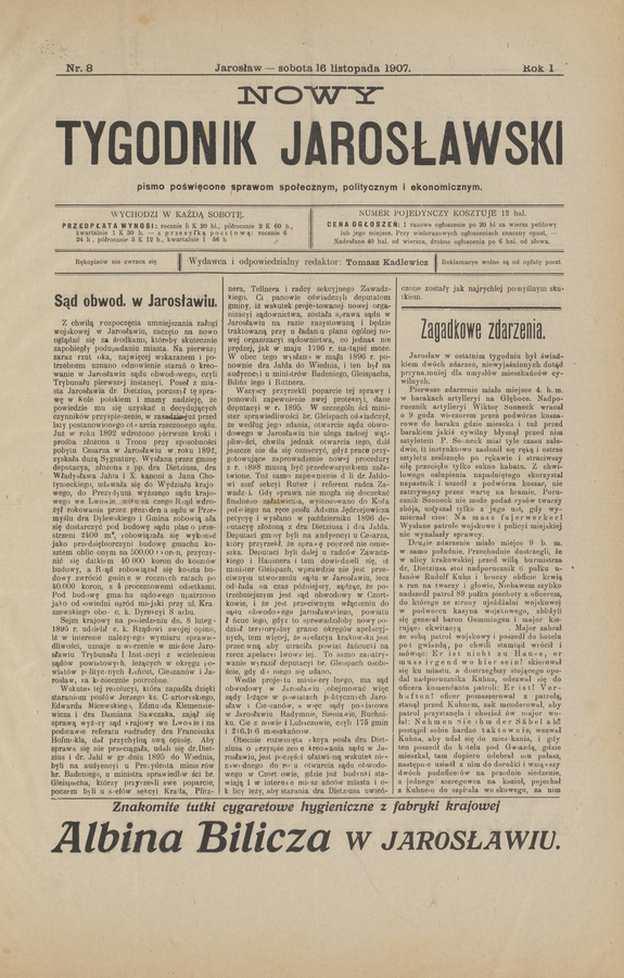Nowy Tygodnik Jarosławski : pismo poświęcone sprawom społecznym, politycznym i ekonomicznym. Rok 1, 1907, numer 8