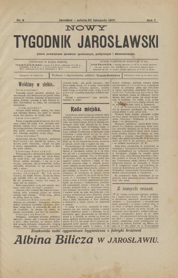 Nowy Tygodnik Jarosławski : pismo poświęcone sprawom społecznym, politycznym i ekonomicznym. Rok 1, 1907, numer 9