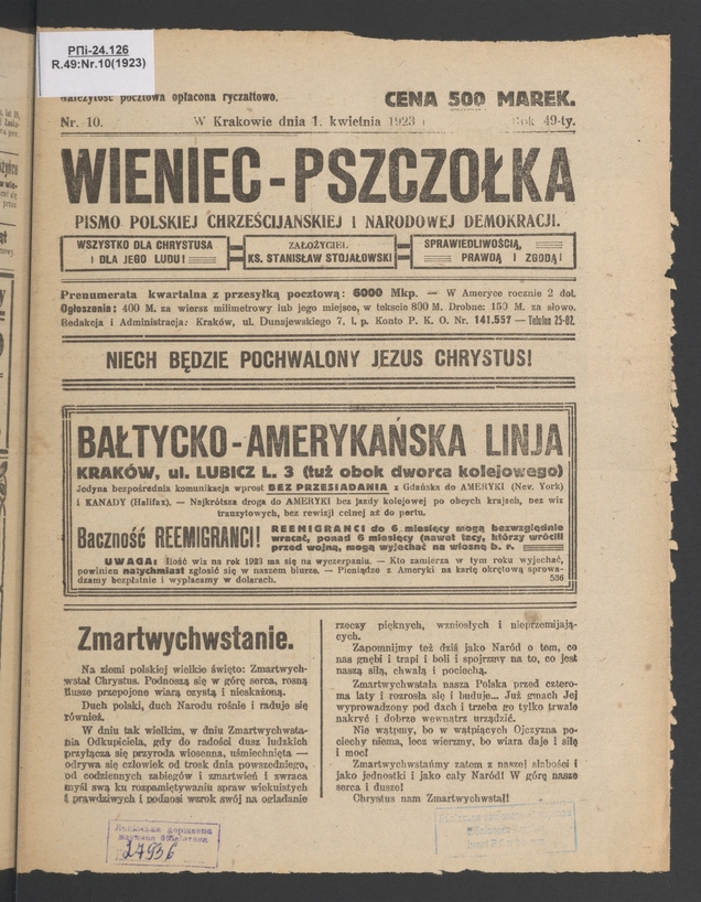 Wieniec-Pszczółka : pismo polskiej chrześcijańskiej i narodowej demokracji. Rok 49, 1923, numer 10