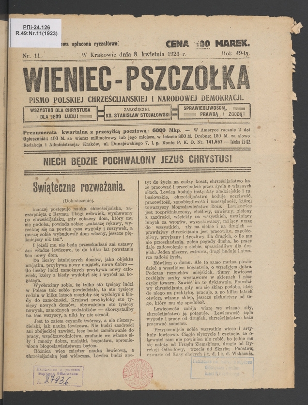 Wieniec-Pszczółka : pismo polskiej chrześcijańskiej i narodowej demokracji. Rok 49, 1923, numer 11