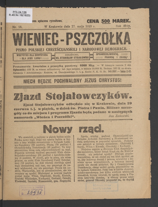 Wieniec-Pszczółka : pismo polskiej chrześcijańskiej i narodowej demokracji. Rok 49, 1923, numer 18