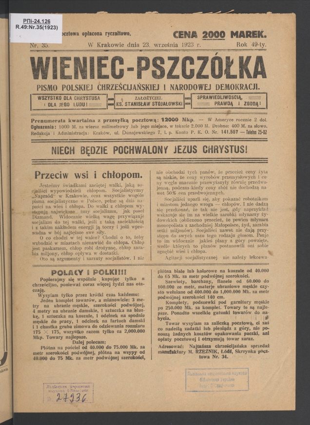 Wieniec-Pszczółka : pismo polskiej chrześcijańskiej i narodowej demokracji. Rok 49, 1923, numer 35