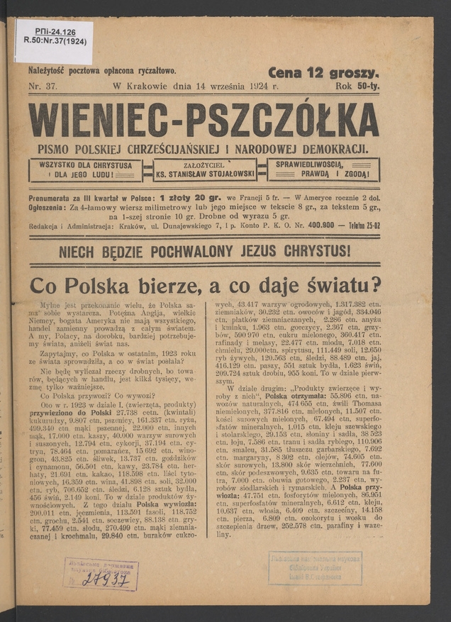 Wieniec-Pszczółka : pismo polskiej chrześcijańskiej i narodowej demokracji. Rok 50, 1924, numer 37