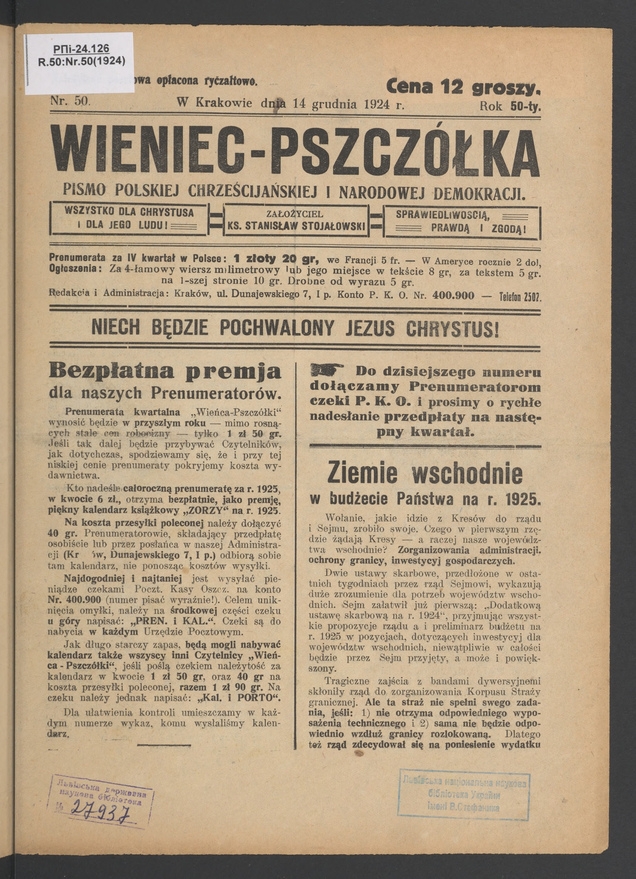 Wieniec-Pszczółka : pismo polskiej chrześcijańskiej i narodowej demokracji. Rok 50, 1924, numer 50