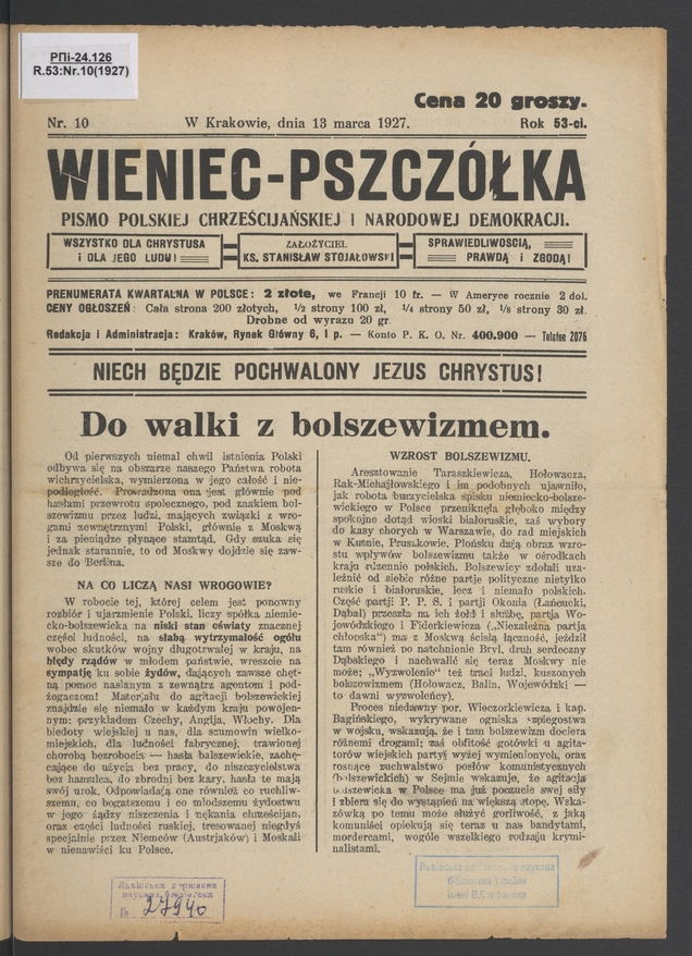 Wieniec-Pszczółka : pismo polskiej chrześcijańskiej i narodowej demokracji. Rok 53, 1927, numer 10