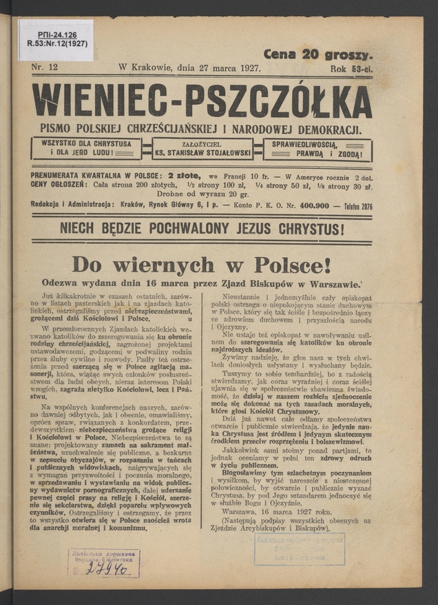 Wieniec-Pszczółka : pismo polskiej chrześcijańskiej i narodowej demokracji. Rok 53, 1927, numer 12