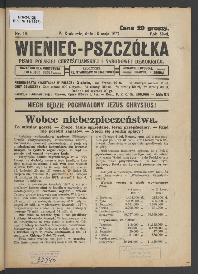 Wieniec-Pszczółka : pismo polskiej chrześcijańskiej i narodowej demokracji. Rok 53, 1927, numer 19