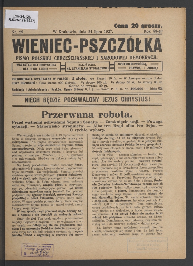 Wieniec-Pszczółka : pismo polskiej chrześcijańskiej i narodowej demokracji. Rok 53, 1927, numer 29