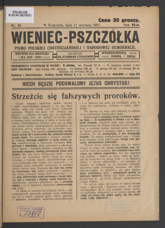 Wieniec-Pszczółka : pismo polskiej chrześcijańskiej i narodowej demokracji. Rok 53, 1927, numer 36