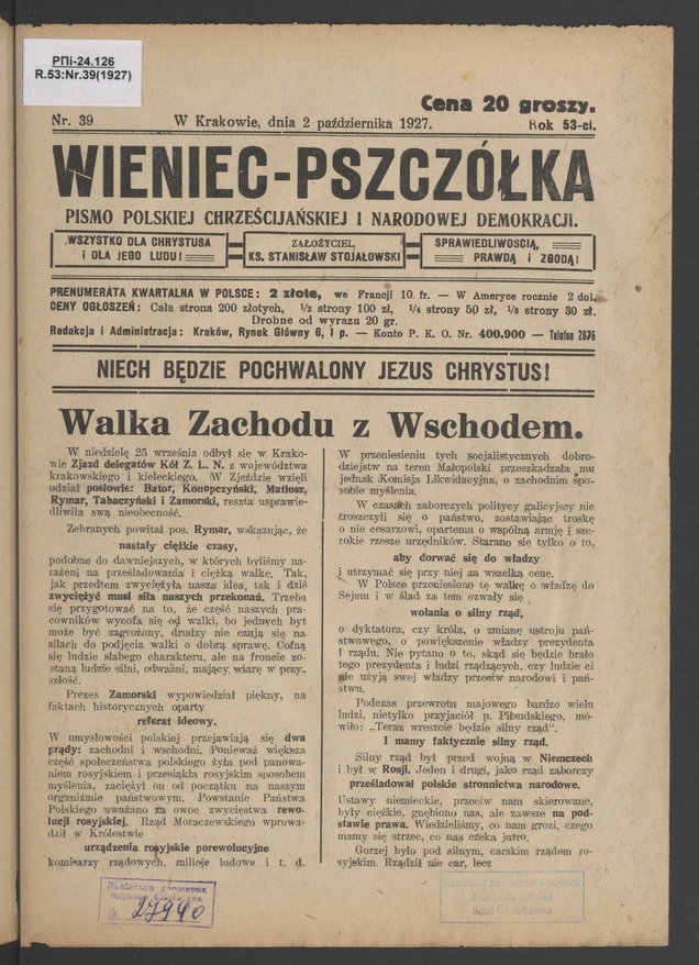Wieniec-Pszczółka : pismo polskiej chrześcijańskiej i narodowej demokracji. Rok 53, 1927, numer 39
