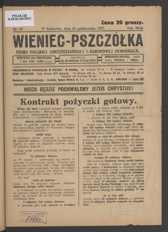Wieniec-Pszczółka : pismo polskiej chrześcijańskiej i narodowej demokracji. Rok 53, 1927, numer 42