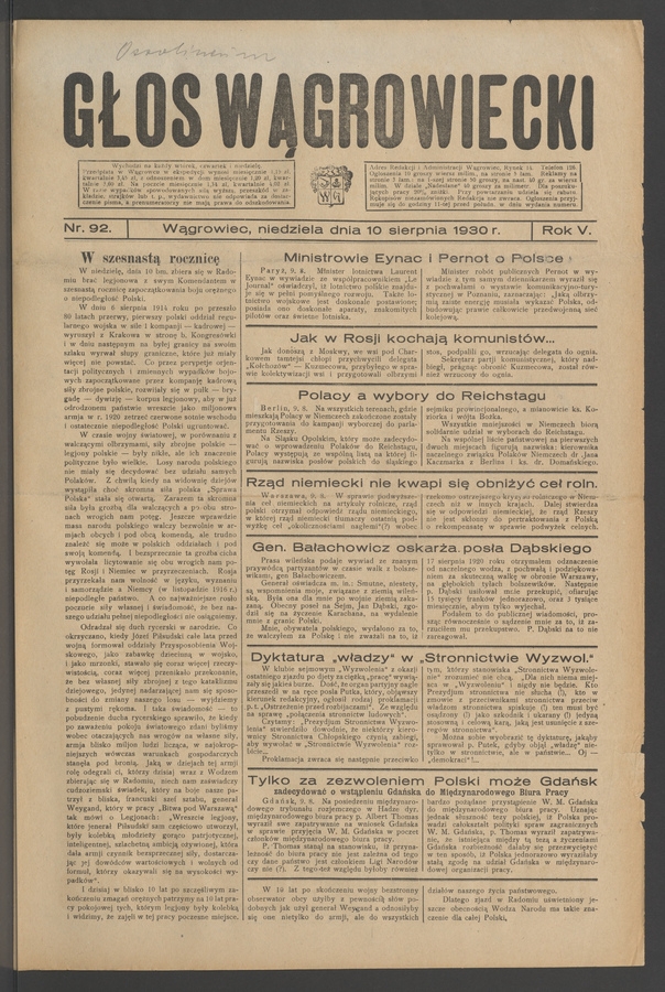 Głos Wągrowiecki. Rok 5, 1930, numer 92