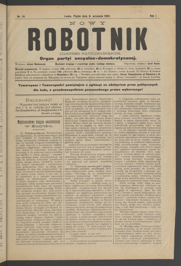 Nowy Robotnik : czasopismo polityczno-społeczne : organ partyi socyalno-demokratycznej. Rok 1, 1893, numer 14