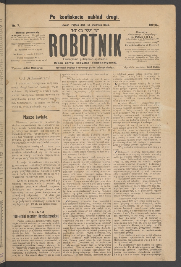 Nowy Robotnik : czasopismo polityczno-społeczne : organ partyi socyalno-demokratycznej. Rok 2, 1894, numer 7 (po konfiskacie nakład drugi)