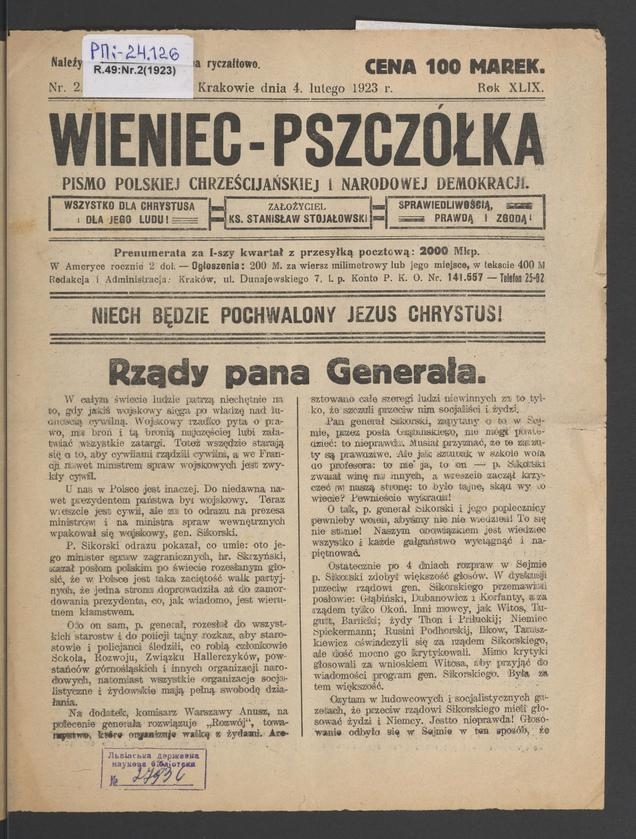 Wieniec-Pszczółka : pismo polskiej chrześcijańskiej i narodowej demokracyi. Rok 49, 1923, numer 2