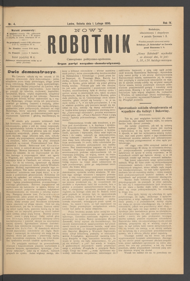 Nowy Robotnik : czasopismo polityczno-społeczne : organ partyi socyalno-demokratycznej. Rok 4, 1896, numer 4