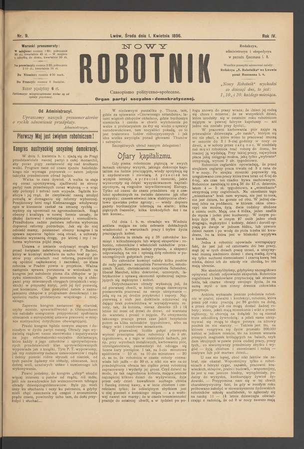 Nowy Robotnik : czasopismo polityczno-społeczne : organ partyi socyalno-demokratycznej. Rok 4, 1896, numer 9