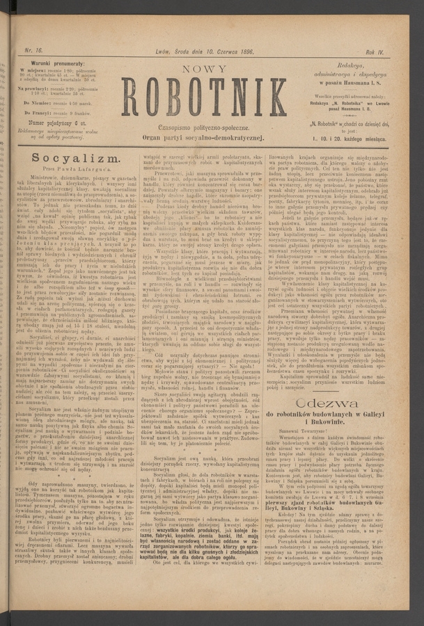 Nowy Robotnik : czasopismo polityczno-społeczne : organ partyi socyalno-demokratycznej. Rok 4, 1896, numer 16