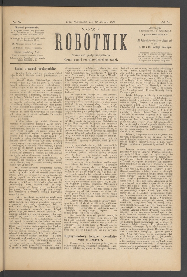 Nowy Robotnik : czasopismo polityczno-społeczne : organ partyi socyalno-demokratycznej. Rok 4, 1896, numer 22